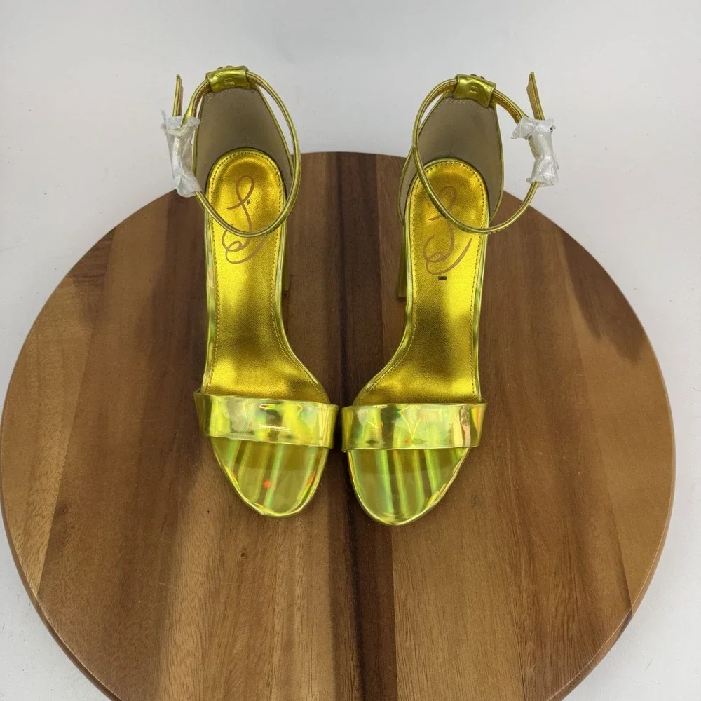 New Womens Sam Edelman Yaro Yellow Iridescent Block Heels Sandals‎ Size 7 M NWOB